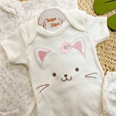 CONJ. DE MALHA 3 PEÇAS-Gatinha com Florzinha - Off White e Rosa